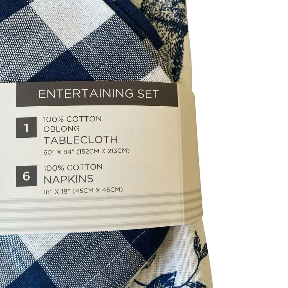 7pc Farmhouse Easter Bunny Tablecloth 60x84 Gingham Napkin Set Blue White NEW